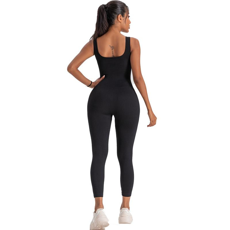 Women'S Ribbed Yoga Jumpsuit, Sleeveless Slimming Bodysuit, Sporty Fitness One-Piece Activewear for Gym & Workout Bodycon