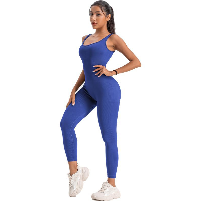 Women'S Ribbed Yoga Jumpsuit, Sleeveless Slimming Bodysuit, Sporty Fitness One-Piece Activewear for Gym & Workout Bodycon