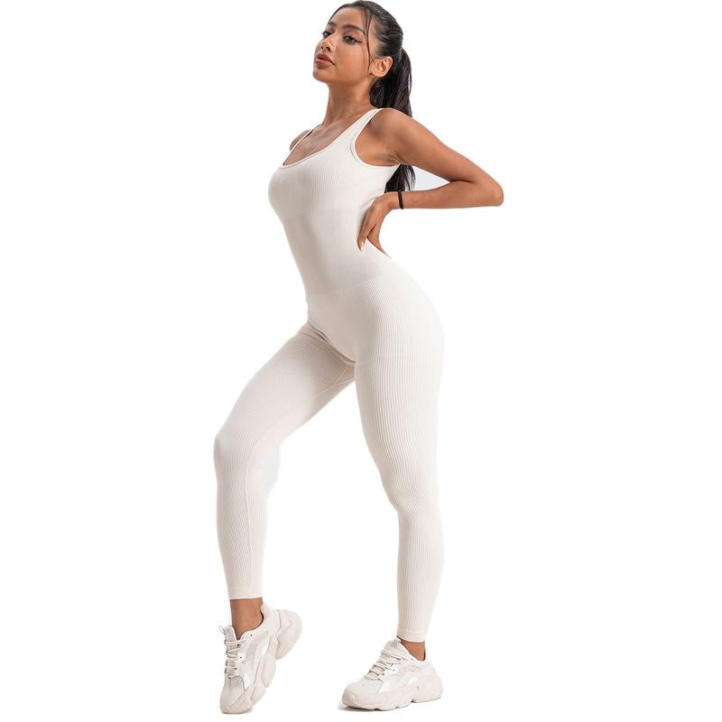 Women'S Ribbed Yoga Jumpsuit, Sleeveless Slimming Bodysuit, Sporty Fitness One-Piece Activewear for Gym & Workout Bodycon