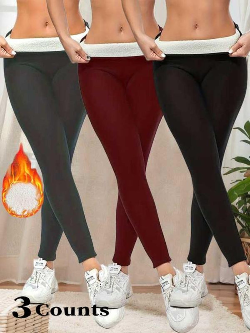 Women'S Solid High Waist Thermal Lined Sports Leggings, Casual Comfy Warm Skinny Pants for Yoga Gym Workout Running, Ladies Sportswear for Fall & Winter