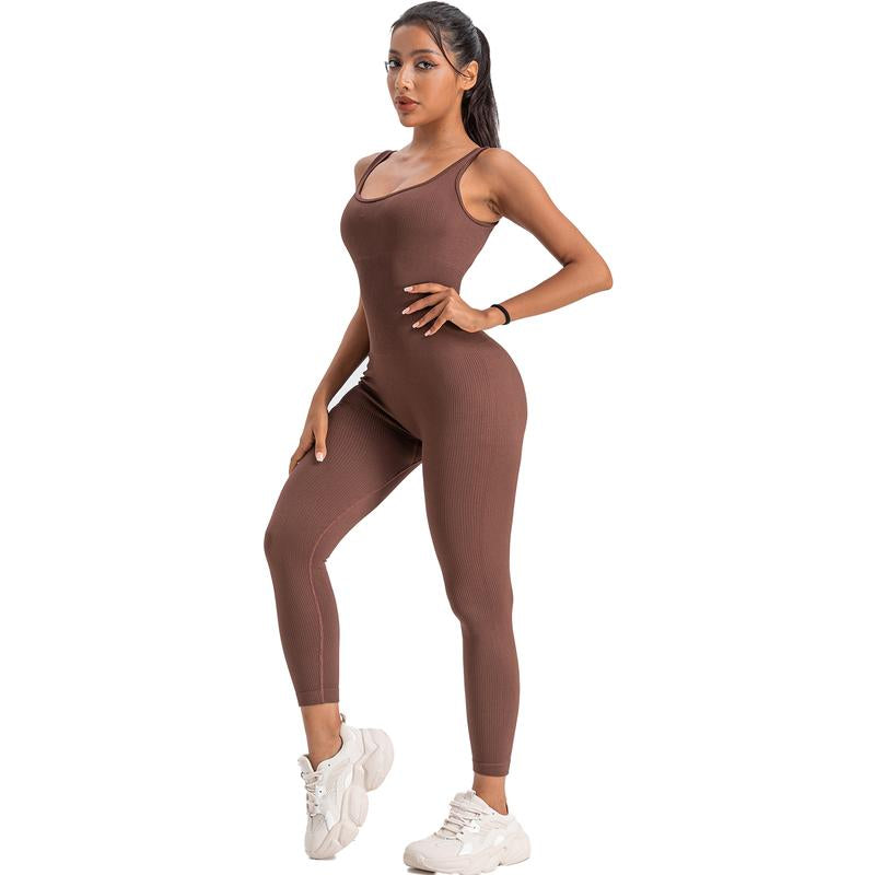 Women'S Ribbed Yoga Jumpsuit, Sleeveless Slimming Bodysuit, Sporty Fitness One-Piece Activewear for Gym & Workout Bodycon