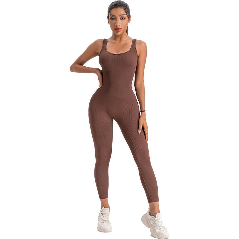 Women'S Ribbed Yoga Jumpsuit, Sleeveless Slimming Bodysuit, Sporty Fitness One-Piece Activewear for Gym & Workout Bodycon