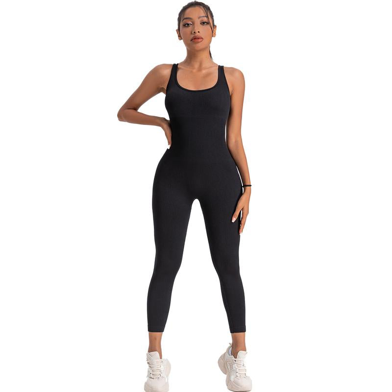 Women'S Ribbed Yoga Jumpsuit, Sleeveless Slimming Bodysuit, Sporty Fitness One-Piece Activewear for Gym & Workout Bodycon