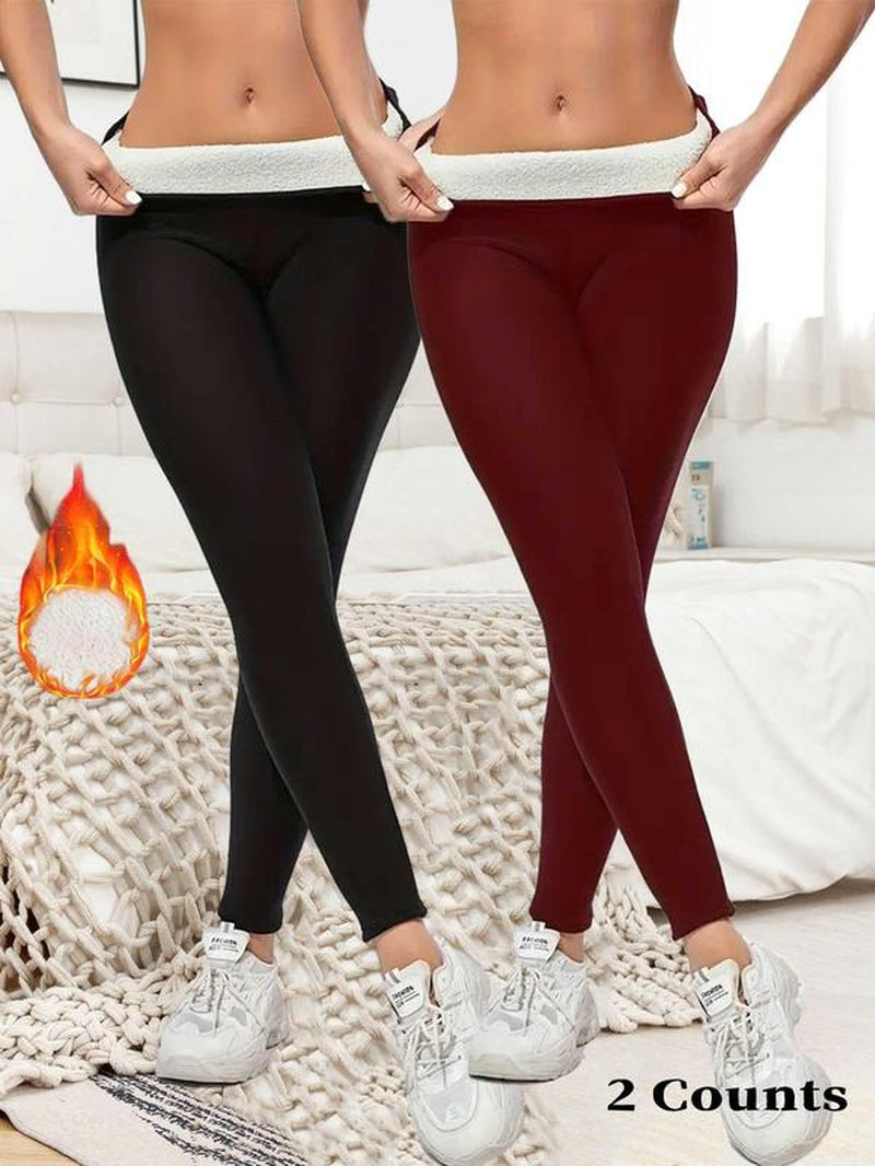 Women'S Solid High Waist Thermal Lined Sports Leggings, Casual Comfy Warm Skinny Pants for Yoga Gym Workout Running, Ladies Sportswear for Fall & Winter