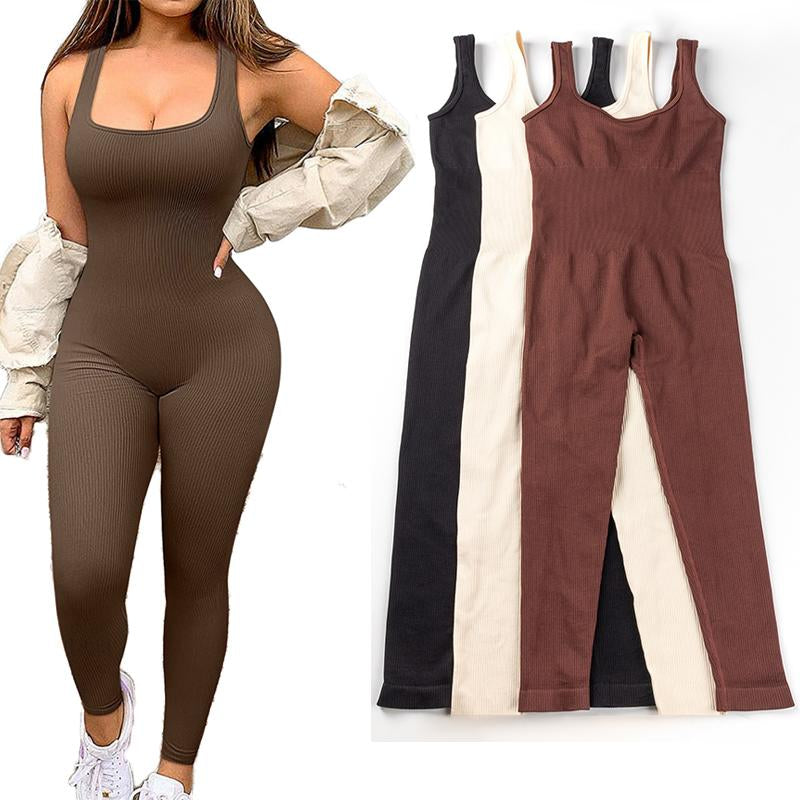 Women'S Ribbed Yoga Jumpsuit, Sleeveless Slimming Bodysuit, Sporty Fitness One-Piece Activewear for Gym & Workout Bodycon